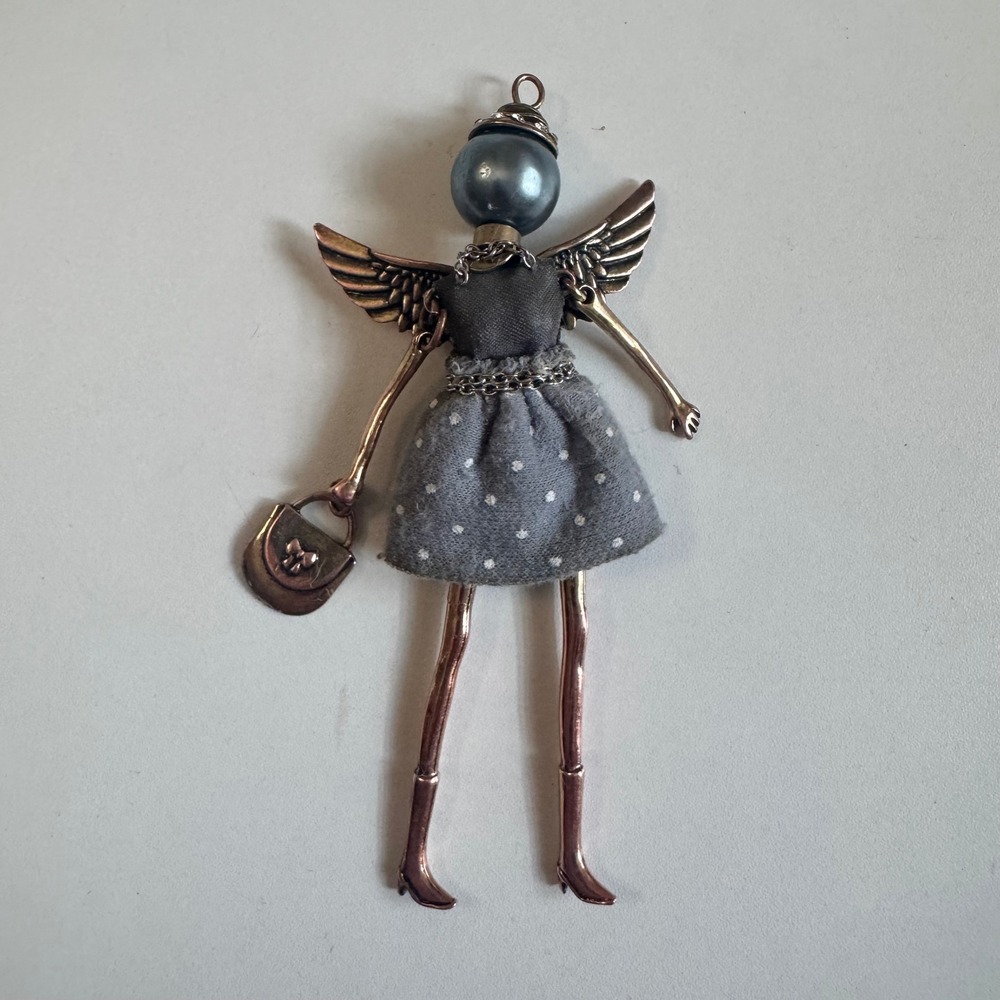 JKAngel Whimsical Angel Girl Pendant Copper Tone Grey Polka Dot Skirt Faux Pearl
